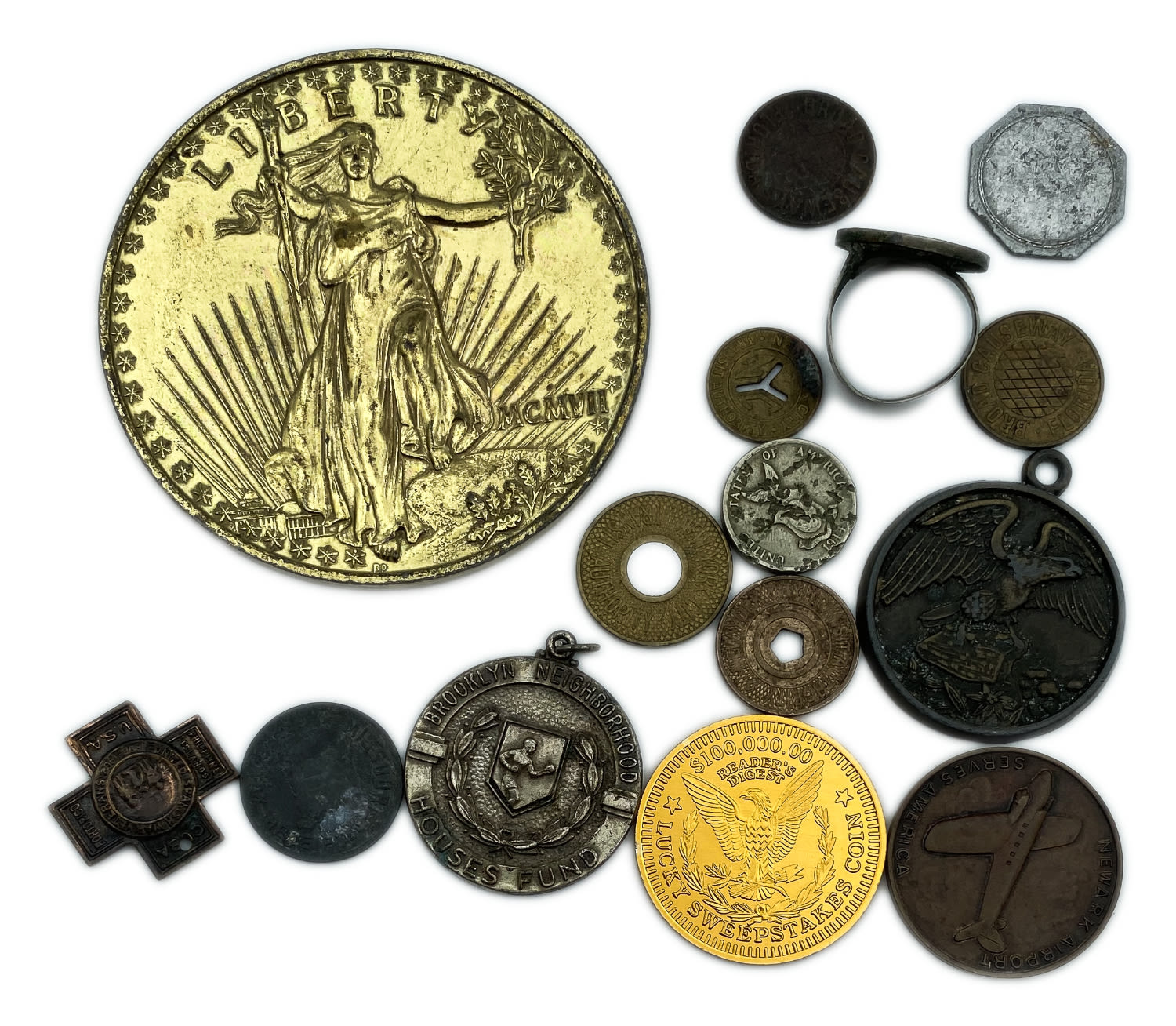 USA - Token Lot, several old USA medals plus a large golden medallion, made of aluminum, shaped like a coin, old US ... - 1 0