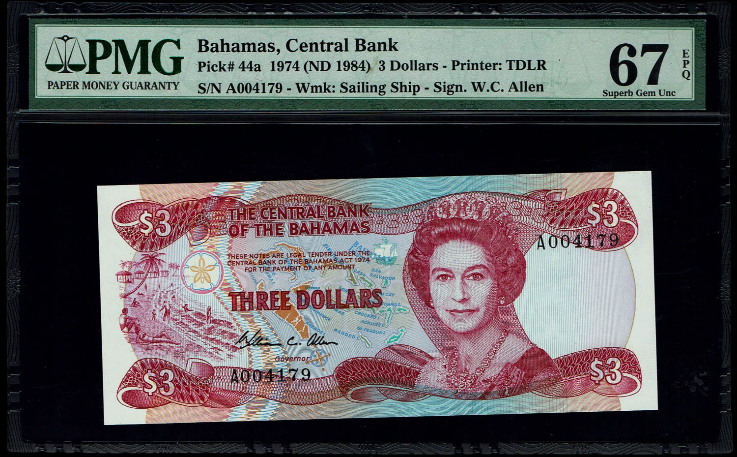 Bahamas - 3 Dollars 1974 (1984) - Elizabeth II - PMG 67 EPQ - 1 0