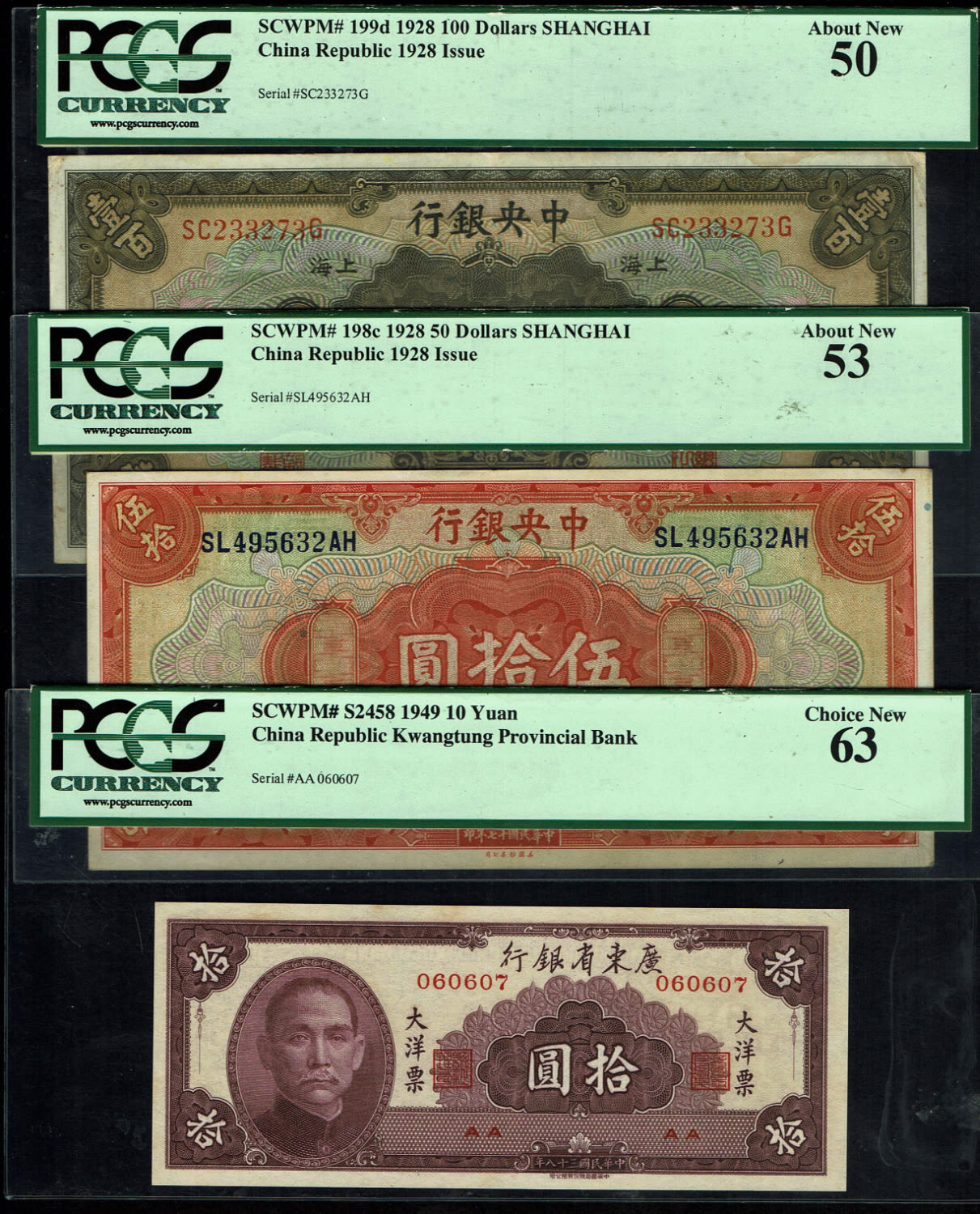 China - Set of 3 notes, $50 1928, $100 1928, 10 Yuan 1949 - graded by the grading company PCGS 50, 53, 63 - 1 0