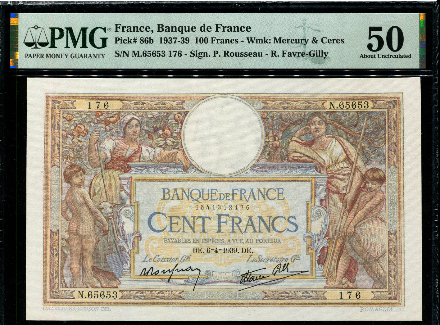 France - 100 Francs 1937 - P# 86b - Luc Olivier Merson - PMG 50 - 1 0