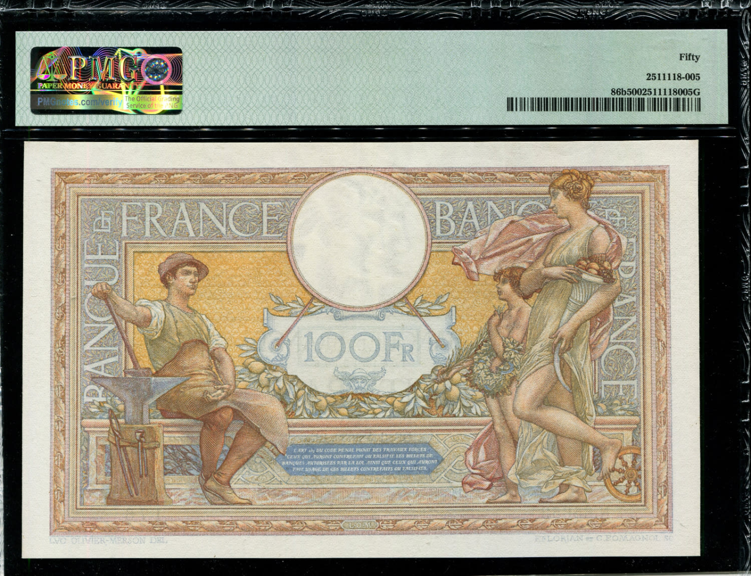 France - 100 Francs 1937 - P# 86b - Luc Olivier Merson - PMG 50 - 1 1