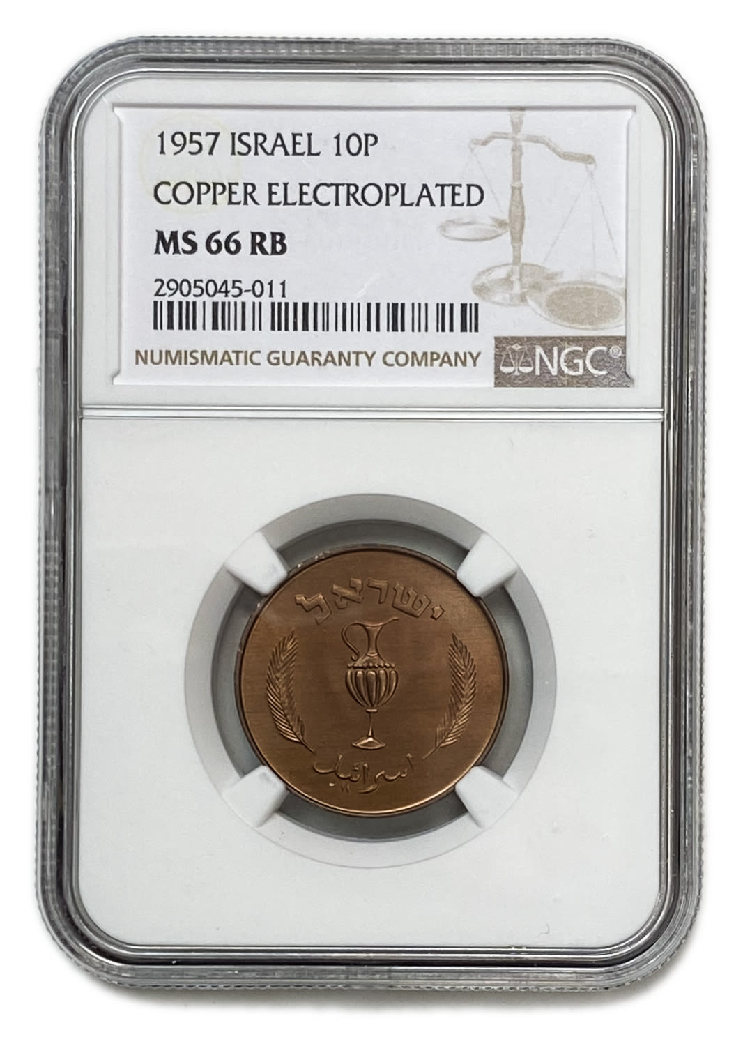 Israel - 10 Prtua 1957 Coin - Copper Electroplated - NGC MS 66 RB - 1 2