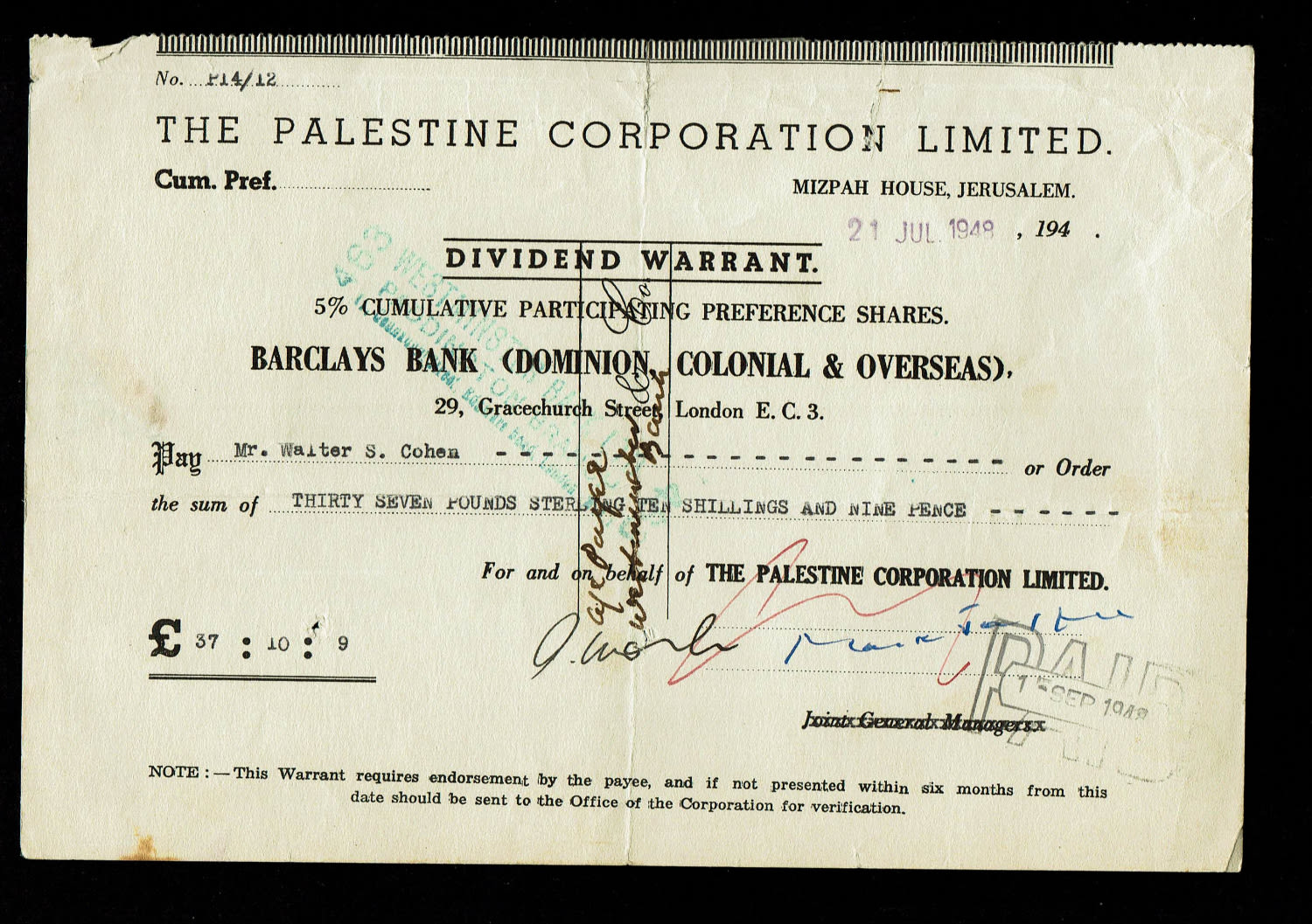 Paper money tokens - Palestine / Land of Israel - Group of 4 checks and dividends from Anglo Palestine Bank - 1 4