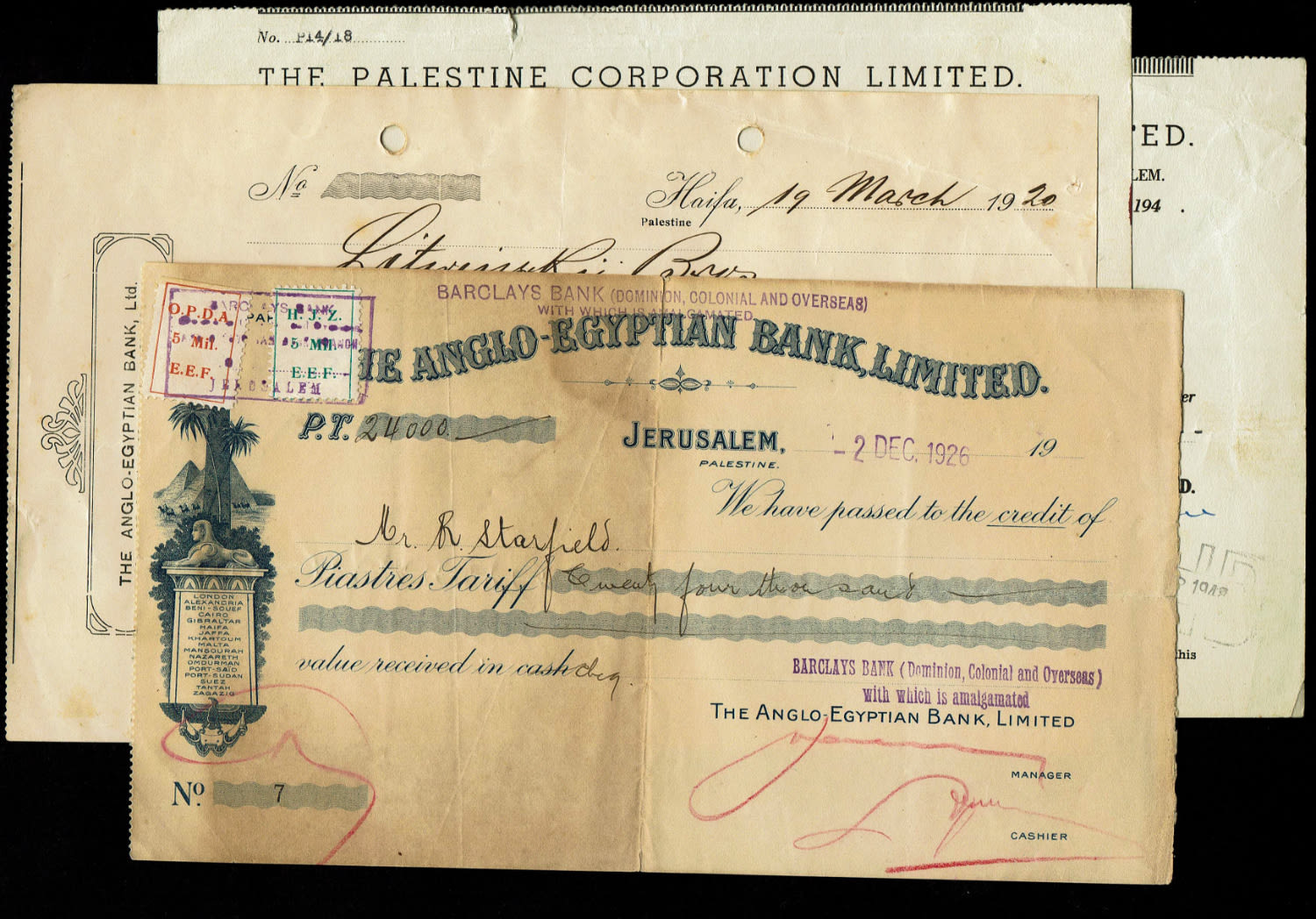 Paper money tokens - Palestine / Land of Israel - Group of 4 checks and dividends from Anglo Palestine Bank - 1 0