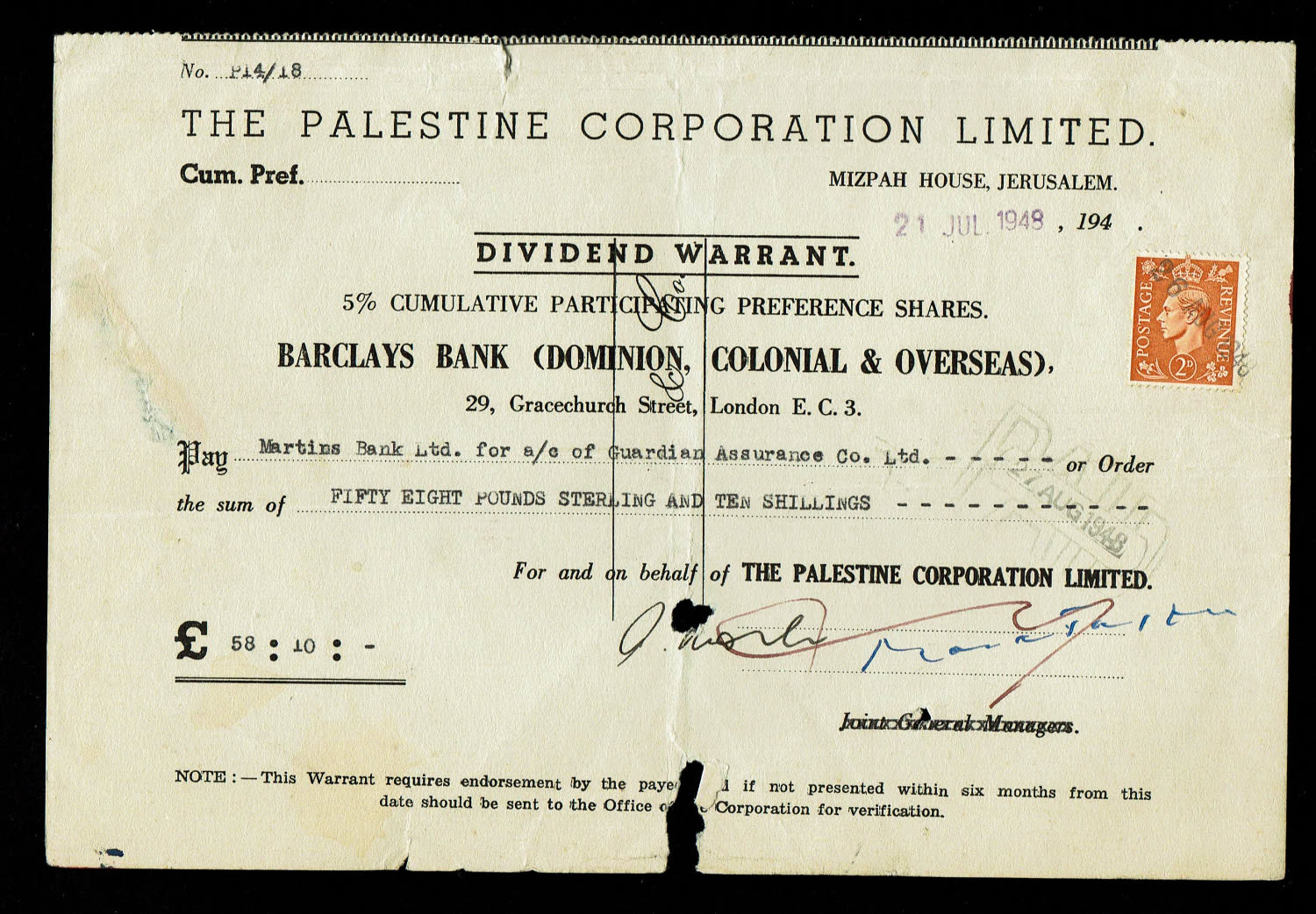 Paper money tokens - Palestine / Land of Israel - Group of 4 checks and dividends from Anglo Palestine Bank - 1 3