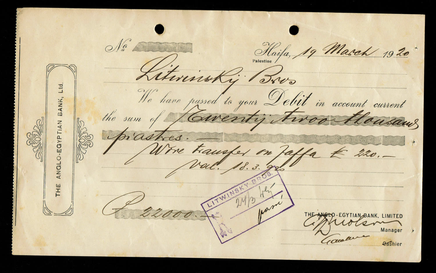 Paper money tokens - Palestine / Land of Israel - Group of 4 checks and dividends from Anglo Palestine Bank - 1 2