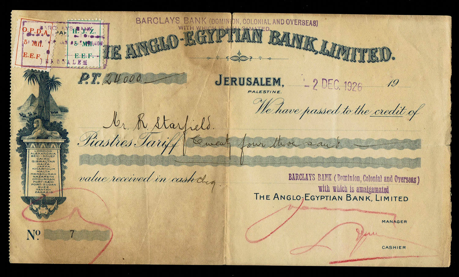 Paper money tokens - Palestine / Land of Israel - Group of 4 checks and dividends from Anglo Palestine Bank - 1 1
