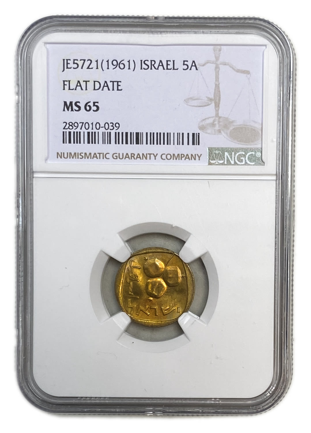 Israel - 5 Agorot 1962 - NGC MS 65 - "Flat Date"
Obverse:Three ripe pomegranates; ... - 1 2