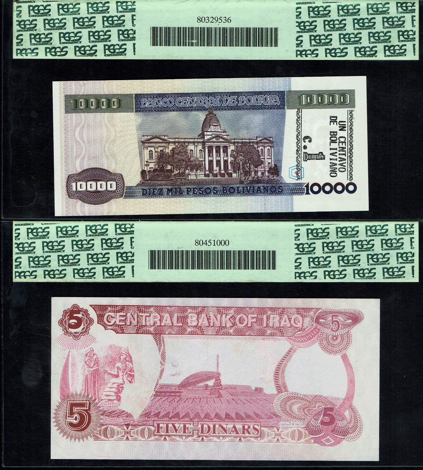 World - Pair of Banknote, Bolivia 10,000 Pesos 1987, Iraq, 5 Dinar 1992 - Graded PCGS 63 PPQ and PCGS 58 PPQ - 1 1
