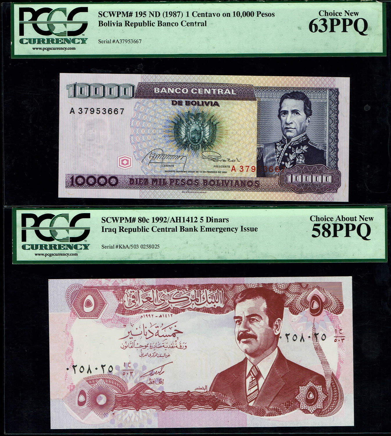 World - Pair of Banknote, Bolivia 10,000 Pesos 1987, Iraq, 5 Dinar 1992 - Graded PCGS 63 PPQ and PCGS 58 PPQ - 1 0