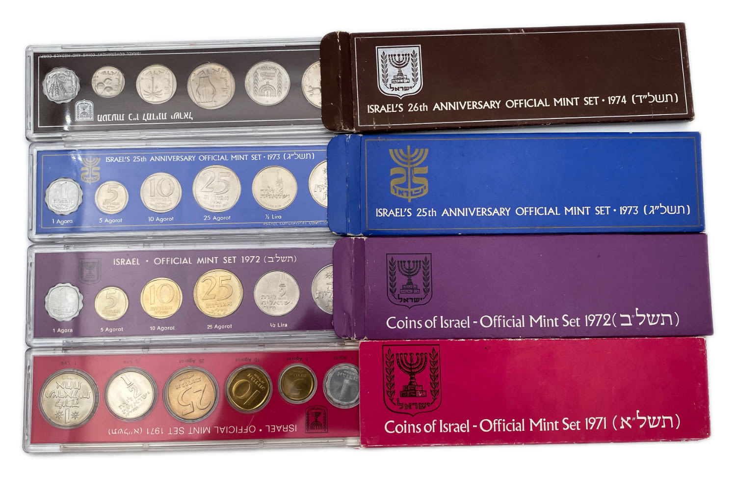 Israel - a group of 4 sets of Israeli coins from the years 1971, 1972, 1973, and 1974 in their original packaging. - 1 0