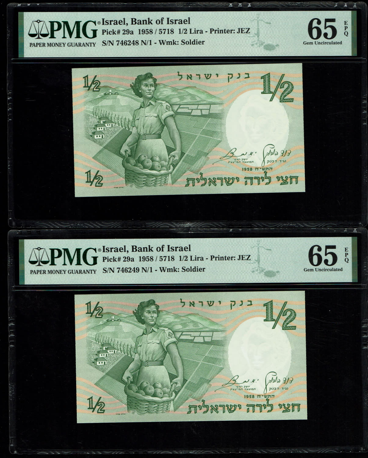 Israel - Pair of banknotes 1/2 (Half Pound) 1958 - Consecutive numbers - PMG 65 EPQ - 1 1