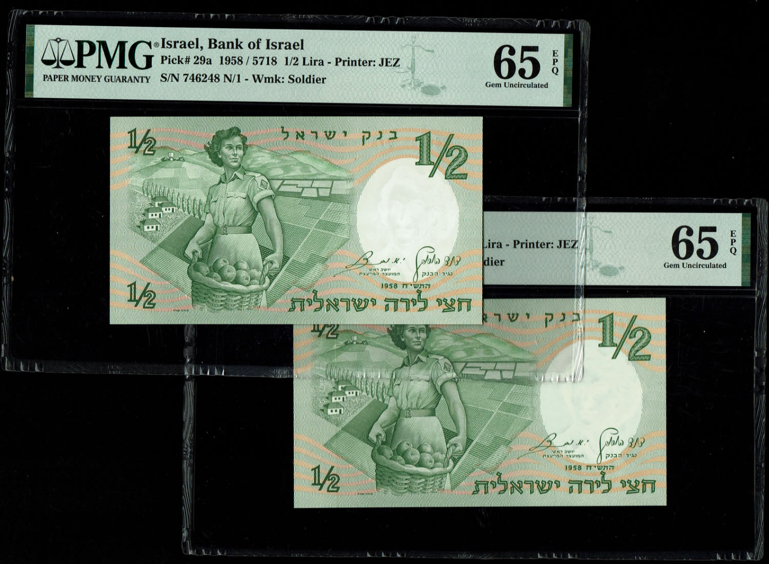 Israel - Pair of banknotes 1/2 (Half Pound) 1958 - Consecutive numbers - PMG 65 EPQ - 1 0