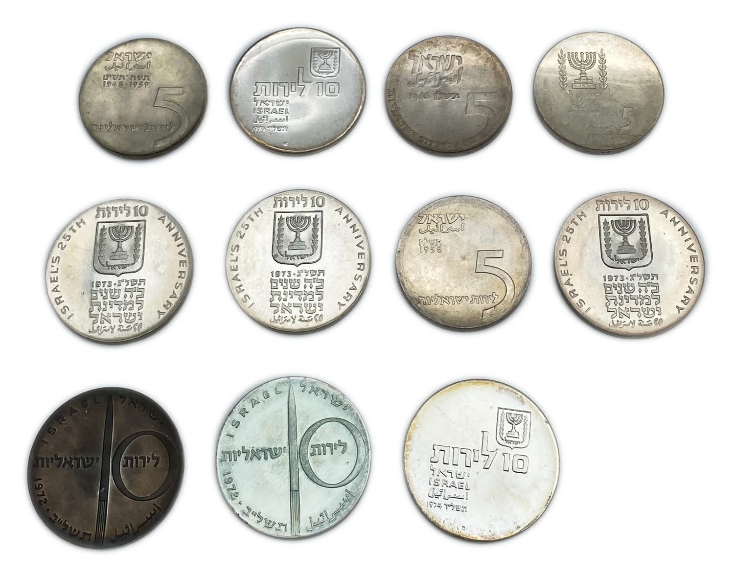 Israel - A group of 11 silver coins of 5, 10 lira of the Governmental Society for Coins and Medals - 1960s, 1970s - ... - 1 0