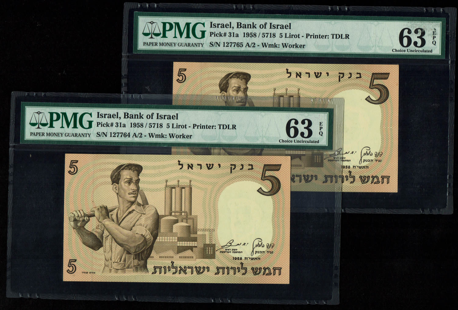Israel - Pair banknotes of 5 Lirot 1958 - Consecutive numbers - PMG 63 EPQ - 1 0