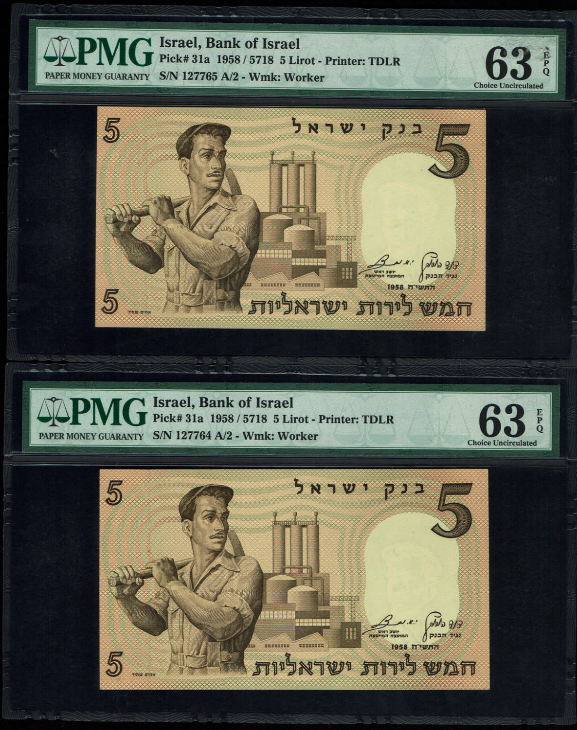 Israel - Pair banknotes of 5 Lirot 1958 - Consecutive numbers - PMG 63 EPQ - 1 1