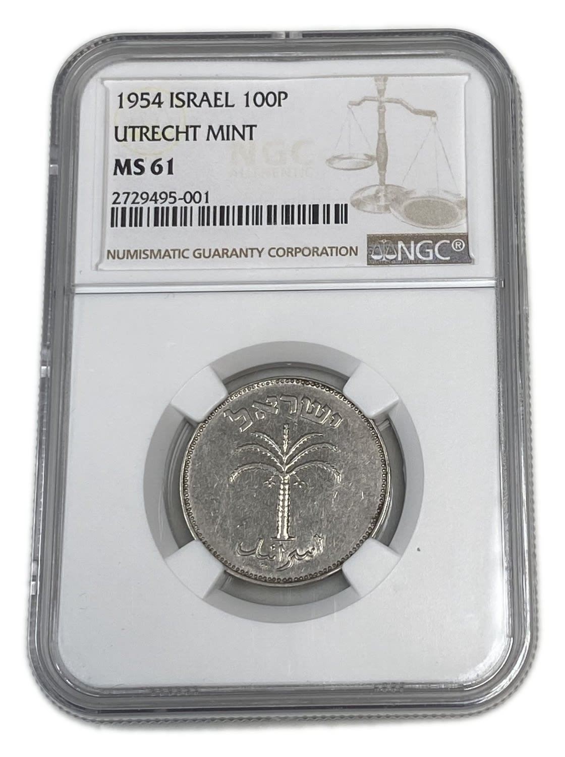 Israel - 100 Pruta 1954 - Utrecht die - NGC MS 61
A rare coin in which the Bouquet appears at the ... - 1 2