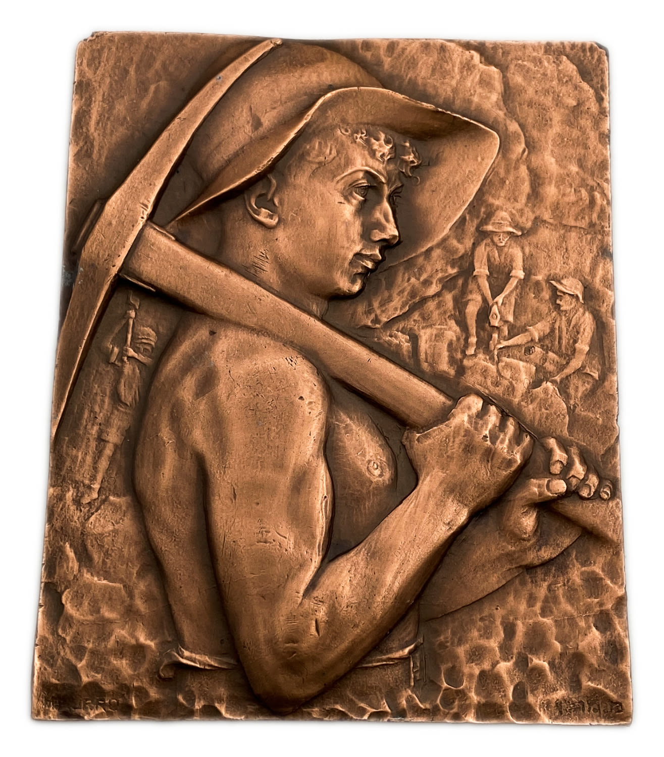Judaica / Zionism - metal plaque depicting the "Halotz" and the work of the land - signed Moshe Moro - ... - 1 0