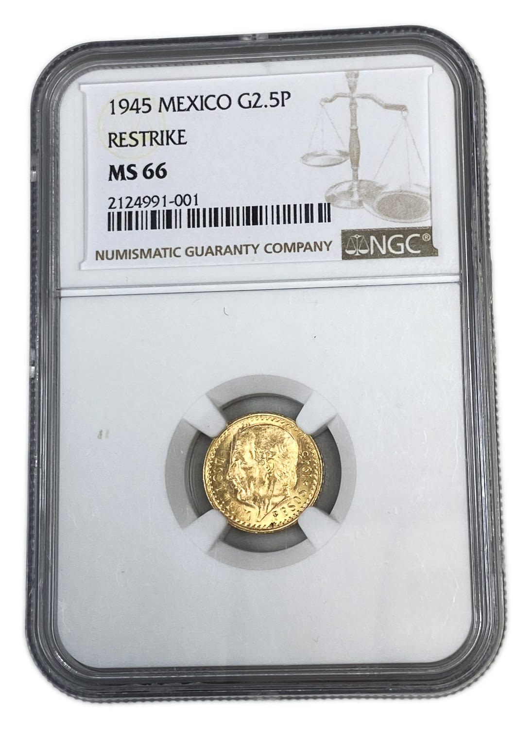 Mexico - 2.5 Pesos 1945 - Restrike - NGC MS 66 - Gold 900, 2.08g, 15.5mm
Only 10% fees + VAT on ... - 1 2