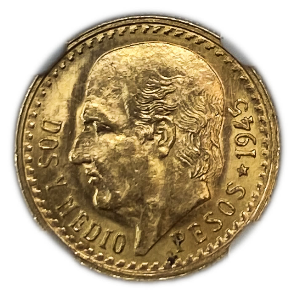 Mexico - 2.5 Pesos 1945 - Restrike - NGC MS 66 - Gold 900, 2.08g, 15.5mm
Only 10% fees + VAT on ... - 1 0