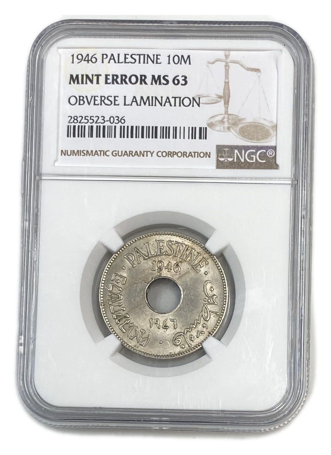 Palestine - 10 Mils 1946 - Mint Error, Obverse Lamination - NGC MS 63
MIL, was the Hebrew name of the ... - 1 2