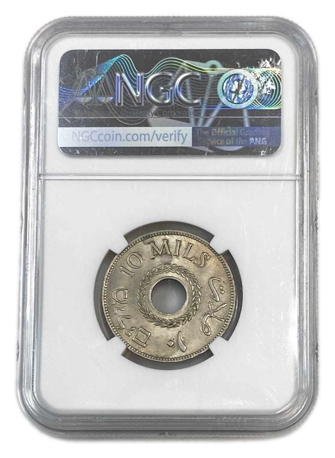 Palestine - 10 Mils 1946 - Mint Error, Obverse Lamination - NGC MS 63
MIL, was the Hebrew name of the ... - 1 3