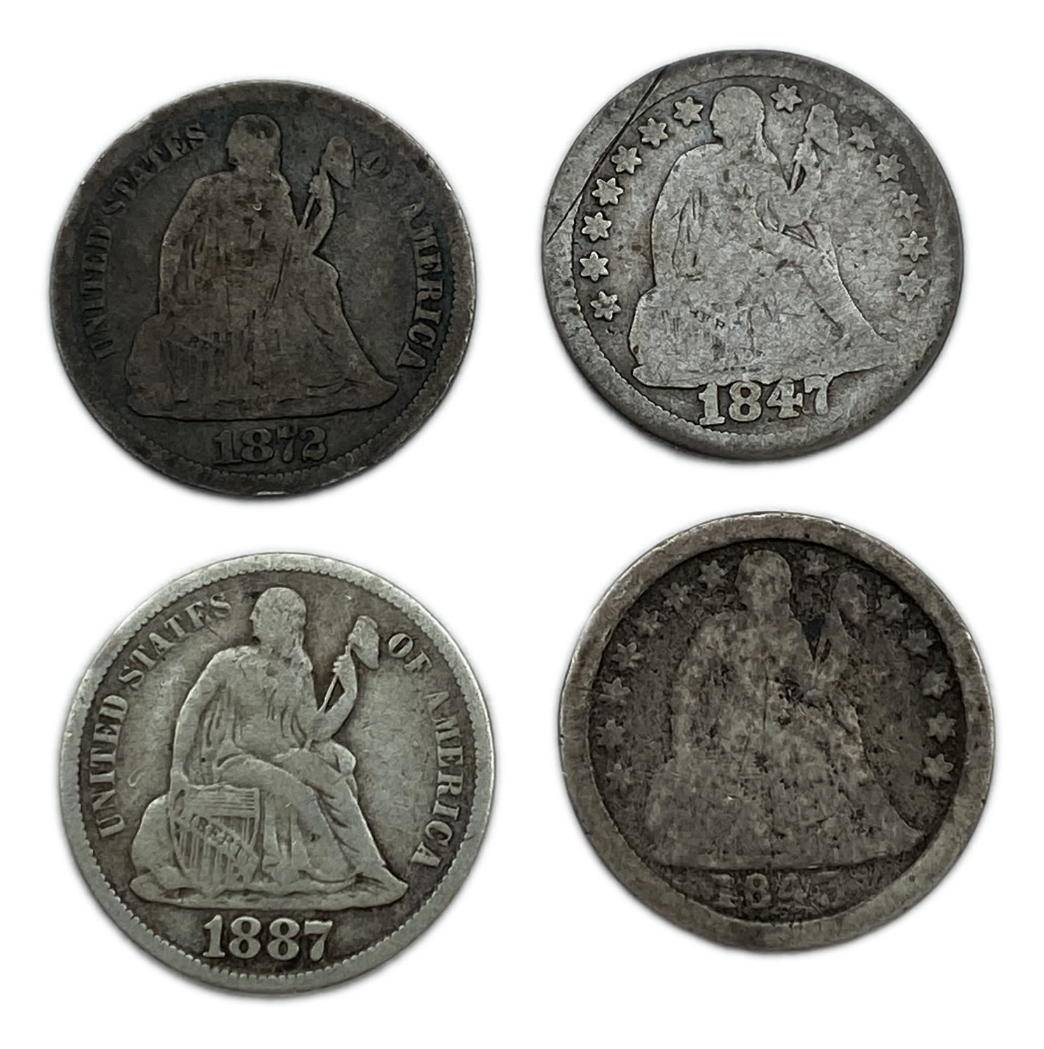 USA - Set of 4 10 cent coins 1843, 1847, 1887, 1872 - F-XF - 1 0