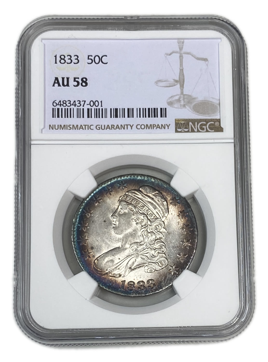 USA - 50 Cent 1833 - "Capped Bust Half Dollar" - NGC AU 58
Obverse: The bust of Liberty, facing left ... - 1 2