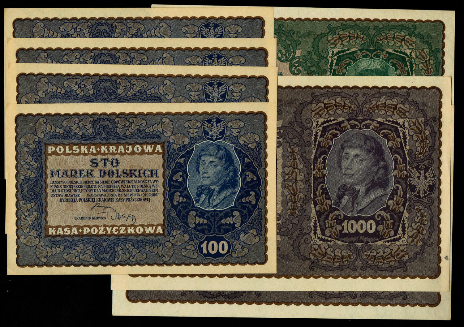 Poland - 7 banknotes of 100, 500 and 1000 Marek 1919 - UNC - 1 0