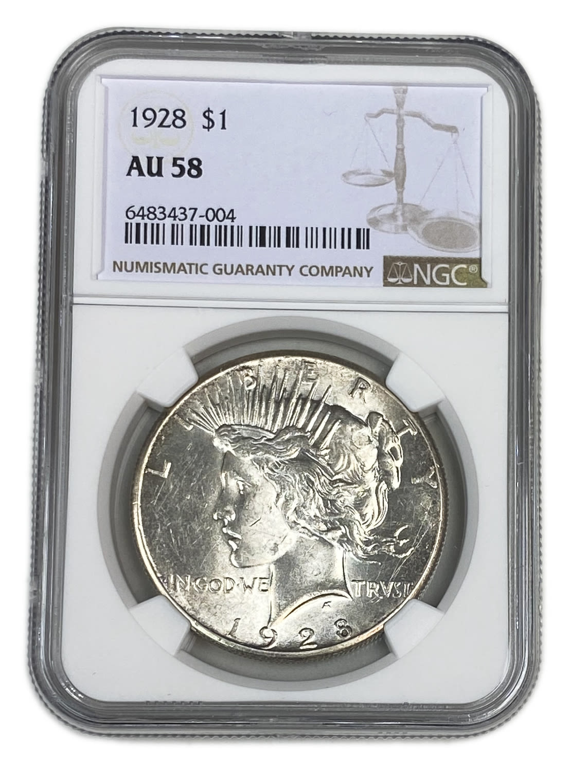 USA - 1 Dollar 1928 - NGC AU 58
Face: "IN GOD WE TRVST" / "LIBERTY"
Back: "E PLURIBUS ... - 1 2
