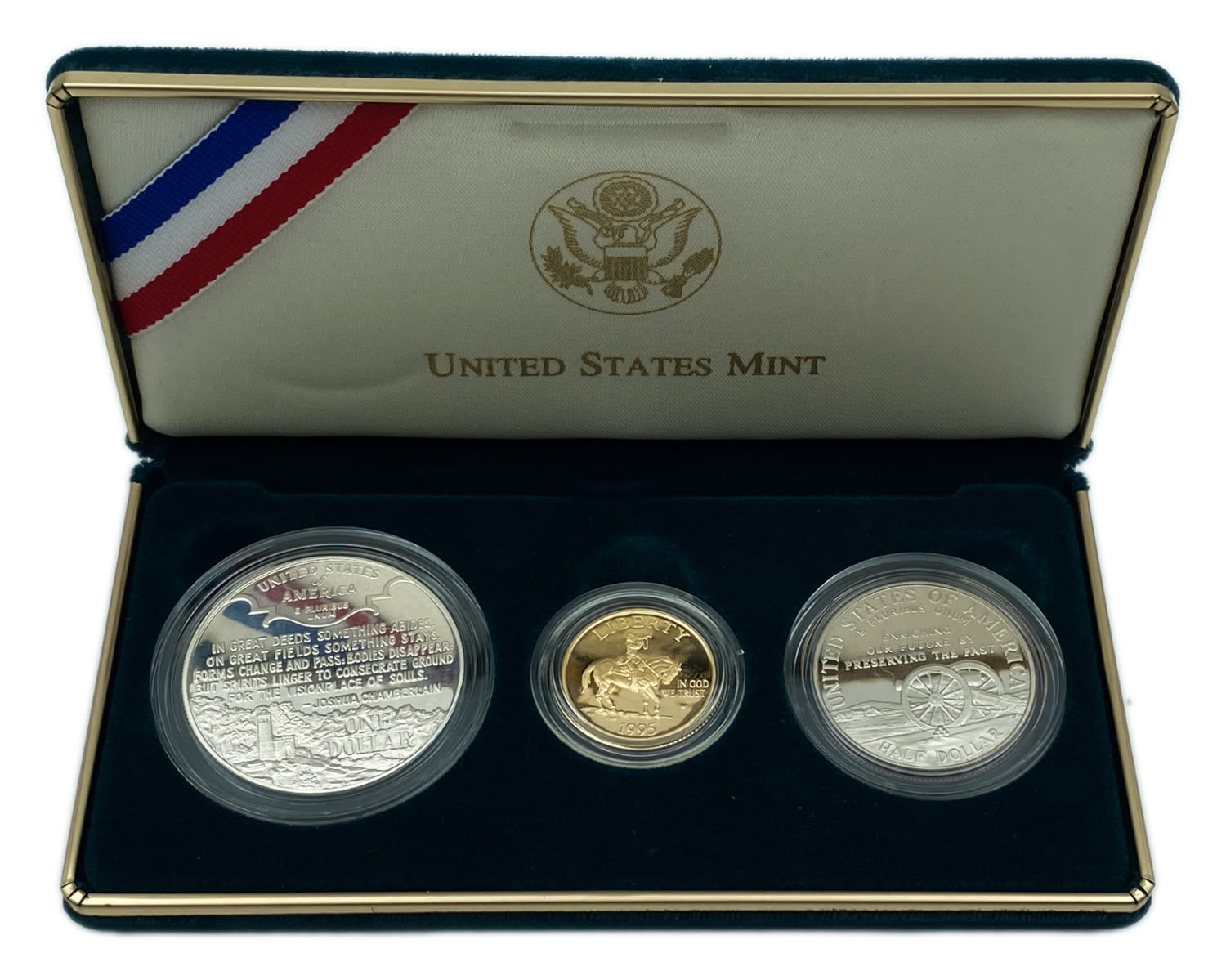 USA - 3 coins set - Civil war battlefield commemorative coins 1995 - 5 Dollars, Gold 900, 8.539g. 1 Dollar ... - 1 4