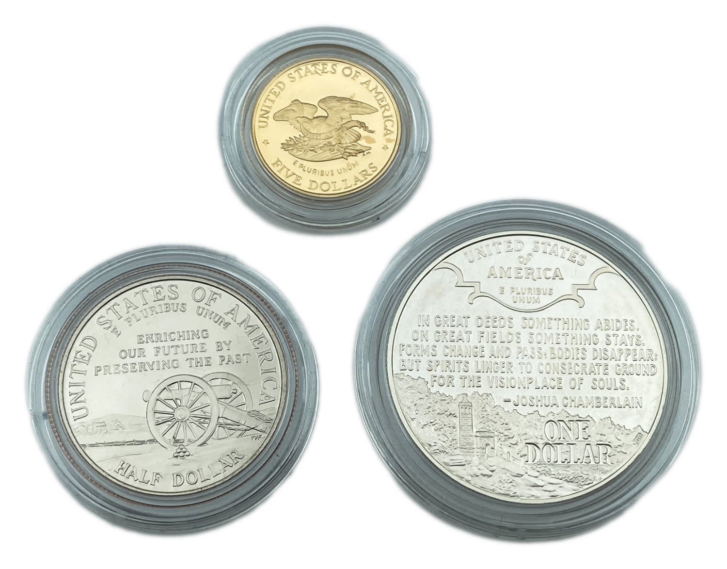 USA - 3 coins set - Civil war battlefield commemorative coins 1995 - 5 Dollars, Gold 900, 8.539g. 1 Dollar ... - 1 1