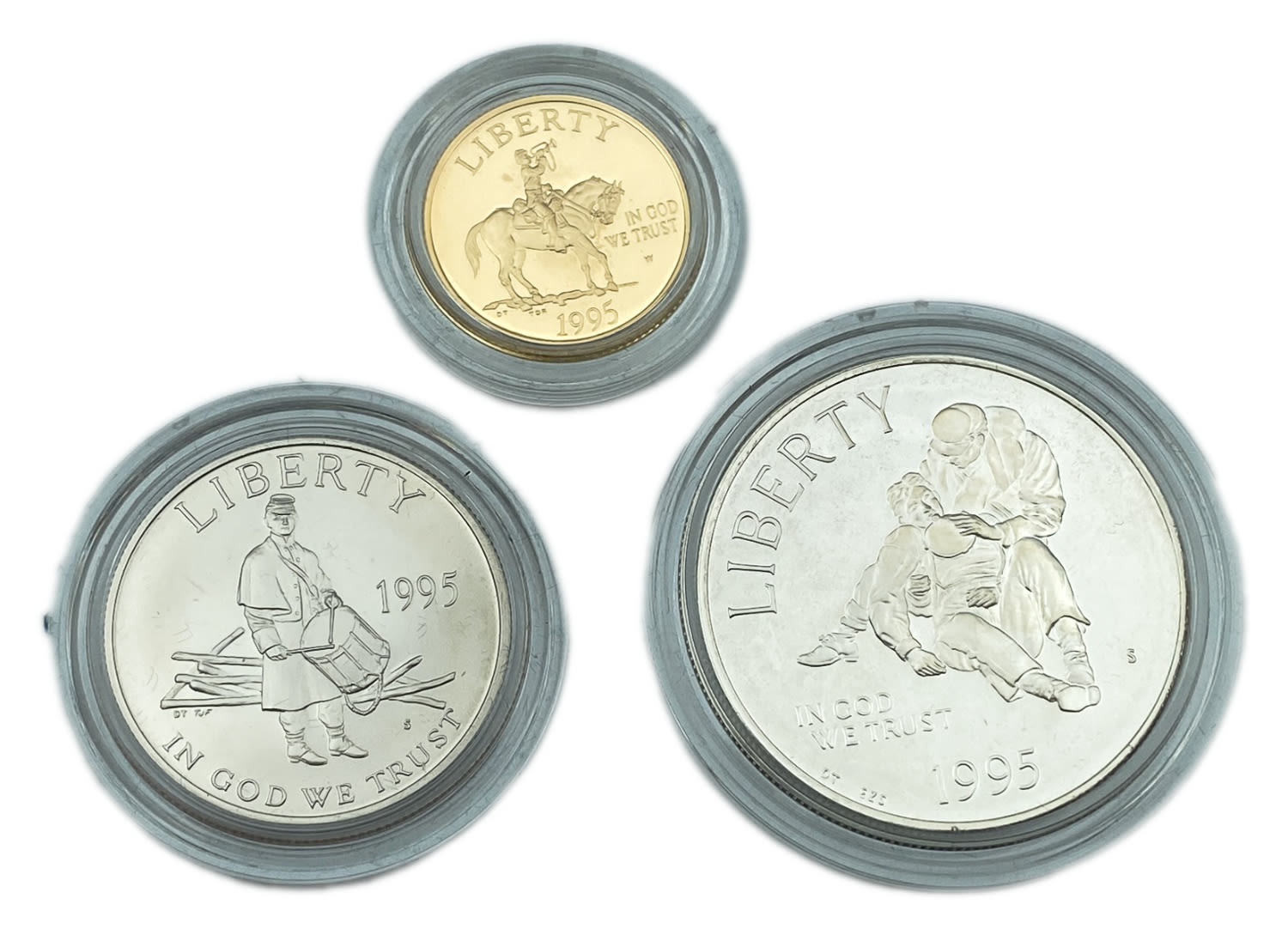 USA - 3 coins set - Civil war battlefield commemorative coins 1995 - 5 Dollars, Gold 900, 8.539g. 1 Dollar ... - 1 0