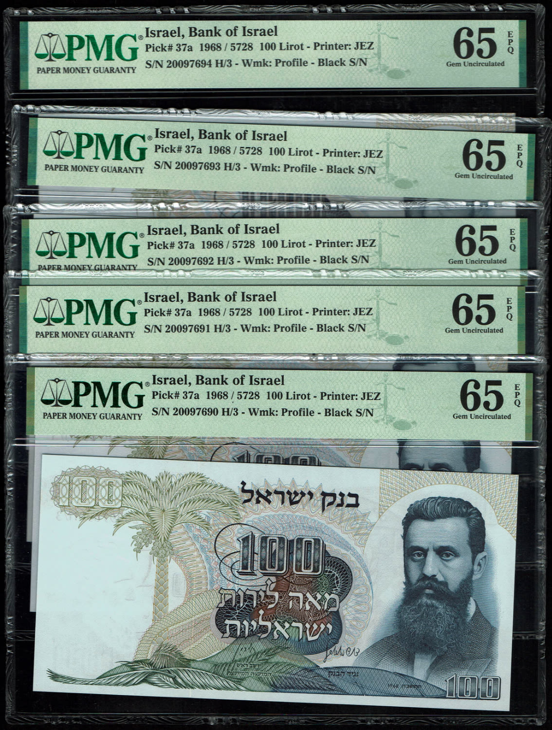 Israel - Lot of 5 banknote of 100 Pounds 1968 - Big Black Serial Number - Consequtive serial numbers - PMG 65 ... - 1 0