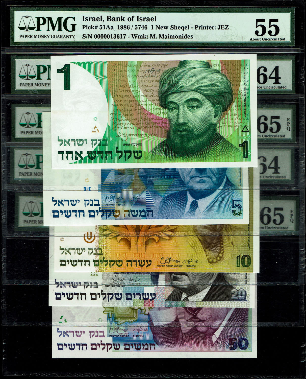 Israel - Banknote set of identical serial numbers - 1986-1991 - 0000013617  - PMG  55, 64, 65 ... - 1 0