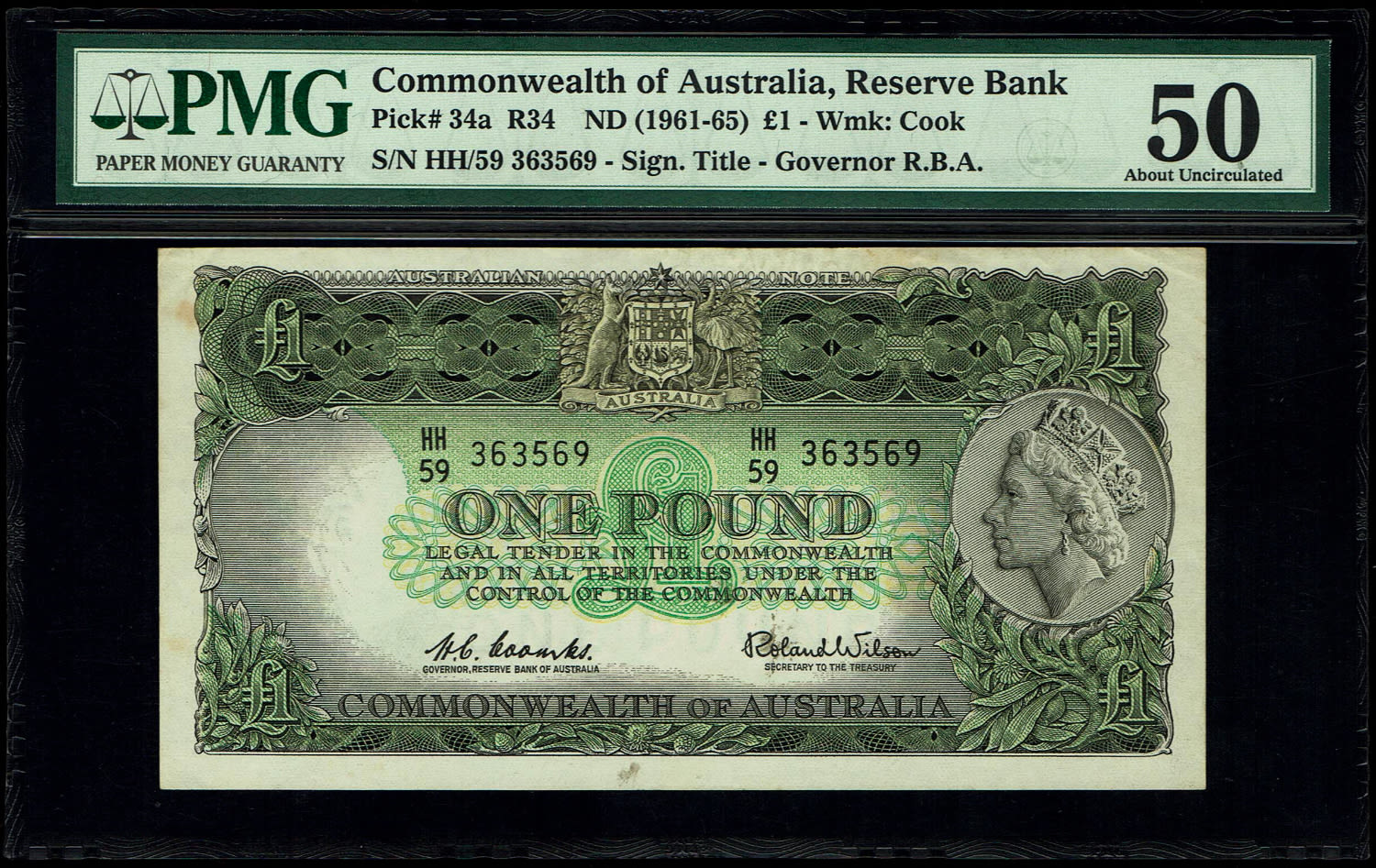 Australia - 1 Pound 1961-1965 - PMG 50
Obverse: Elizabeth II at right, Royal Australian Arms at ... - 1 0