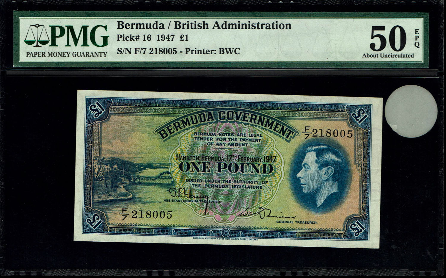 Bermuda - 1 Pound 1947 - PMG 50 EPQ
Obverse: George VI at right, bridge at left. Date at ... - 1 0