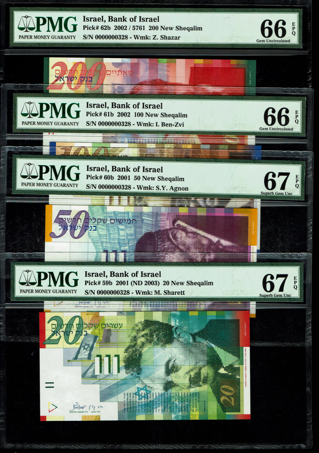 Israel - Set of banknotes with identical numbers, the new shekel series B - 20, 50, 100 and 200 shekels 2001 ... - 1 0