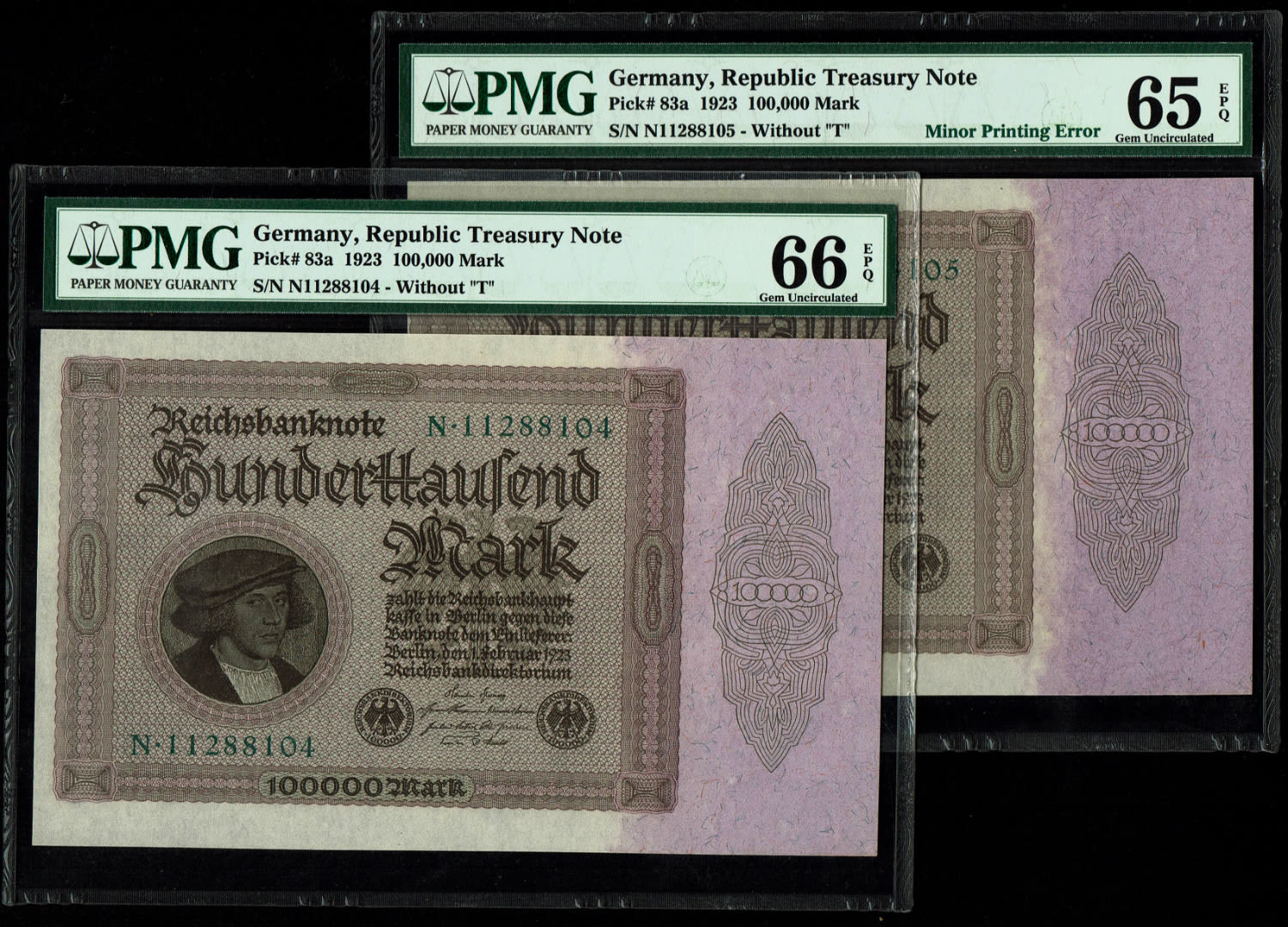 Germany - Pair of 100,000 Mark 1923 - Consecutive serial numbers - PMG 65, 66 EPQ
One of the ... - 1 0