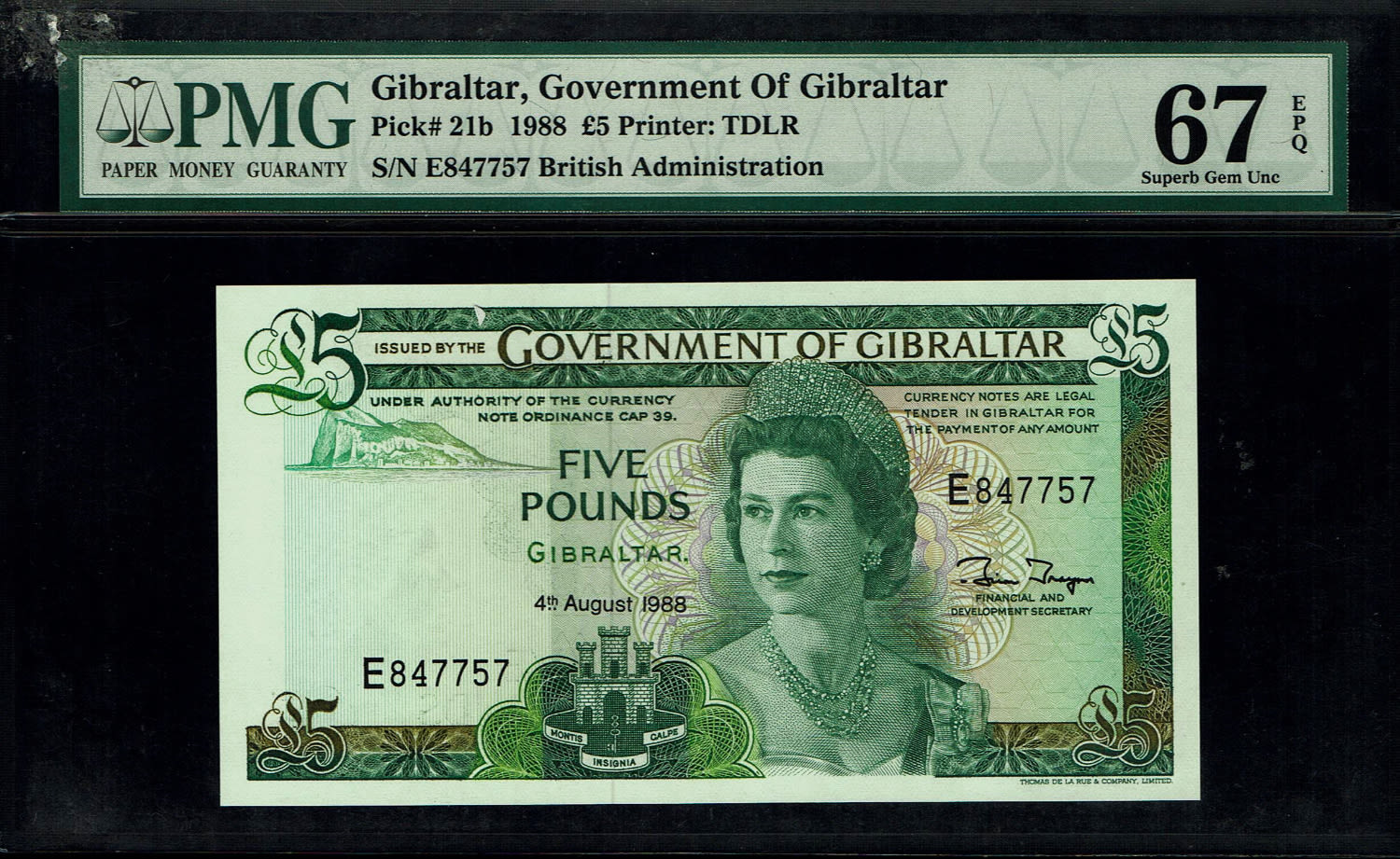 Gibraltar - 5 Pounds 1988 - Elizabeth II - PMG 67 EPQ
Obverse: Green on multicolour underprint. ... - 1 0