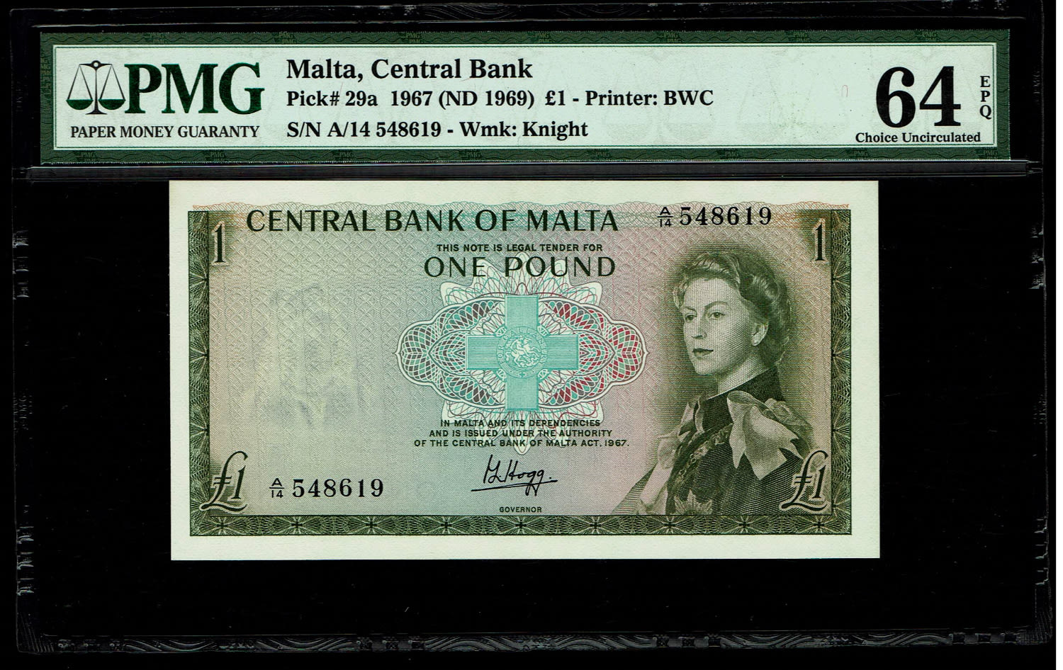 Malta - 1 Pound 1967 - PMG 64 EPQ
Obverse: Elizabeth II at right, George Cross in ... - 1 0