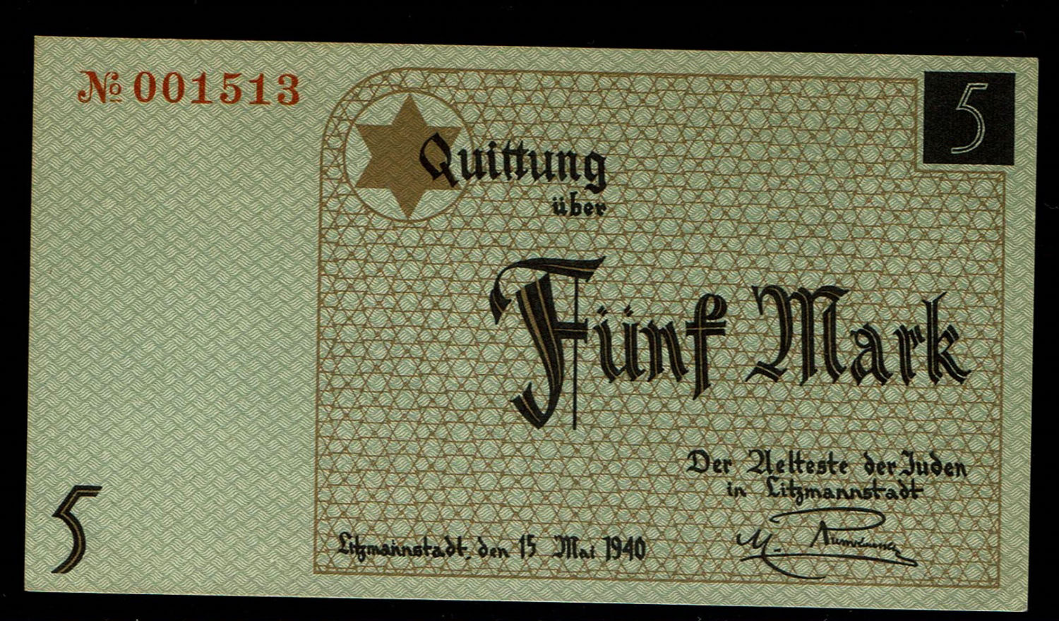 Poland - 5 mark 1940 - ghetto Lodz - AU-UNC - Low serial number
Banknote of 5 mark issued in the Lodz ... - 1 0