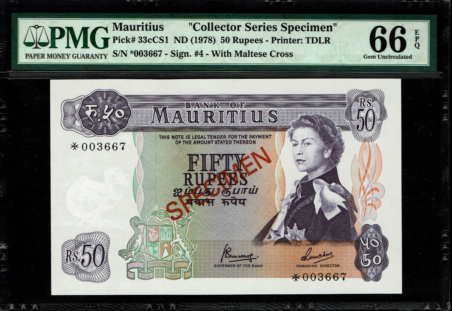 Mauritius - 50 Rupees 1978 - SPECIMEN - PMG 66 EPQ
Obverse: On the left, three quarter portrait of ... - 1 0