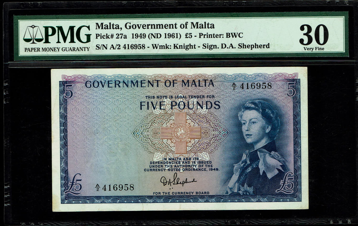 Malta - 5 Pounds 1949 - PMG 30
Obverse: Elizabeth II at right, George Cross in ... - 1 0