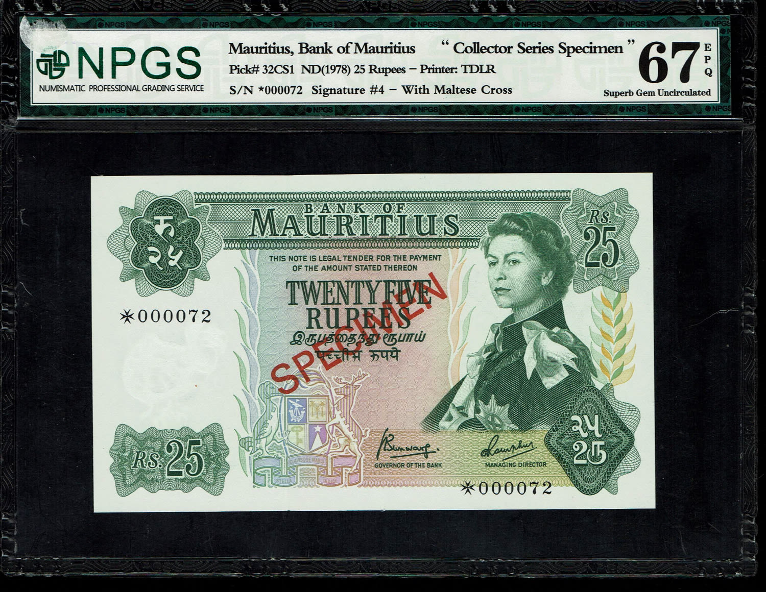 Mauritius - 25 Rupees 1967-1978 - SPECIMEN - UNC
Obverse: Green on multicolored underprint. Queen ... - 1 0