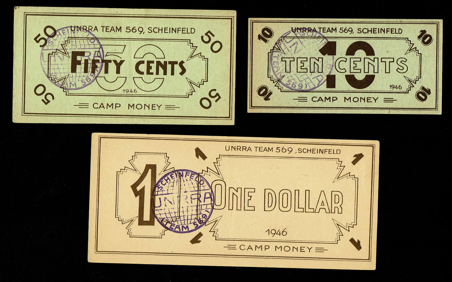 Holocaust concentration camps money - Germany - 10, 50 Cents and 1 Dollar 1946 - Scheinfeld camp money is ... - 1 0