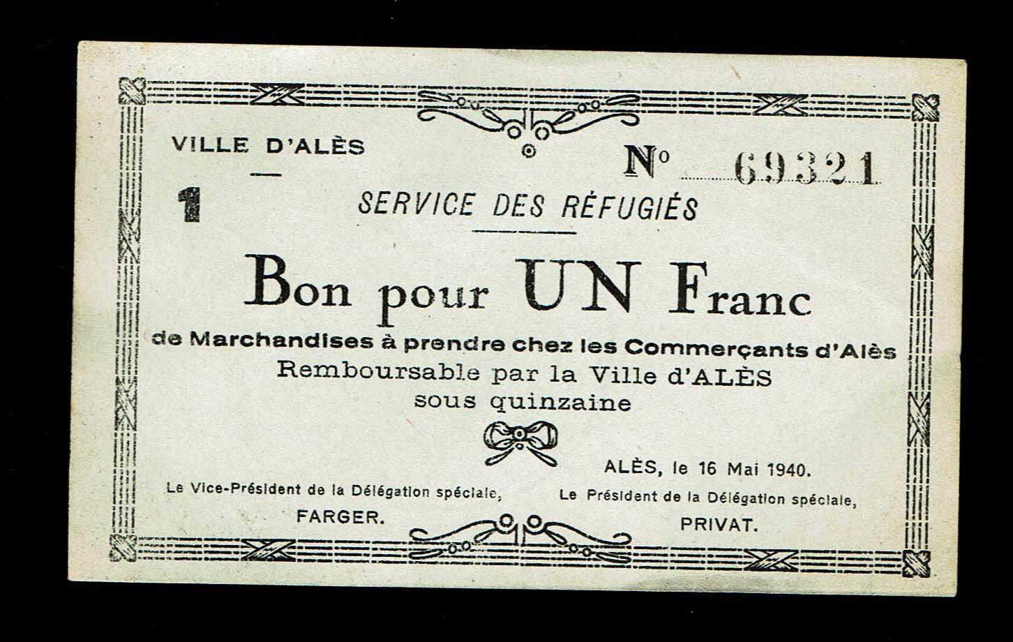 Holocaust concentration camps money - France - 1 Francs 1940 - Voucher For 1 Franc Refugee Service - 1 0