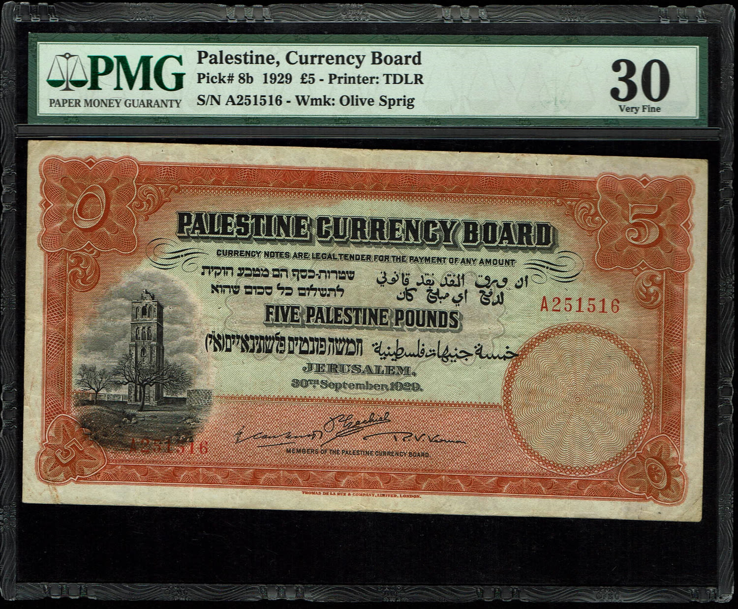 Palestine - 5 Pounds 1929 - PMG 30 - Prefix A
Banknote from 1929, a very difficult year to obtain in ... - 1 0