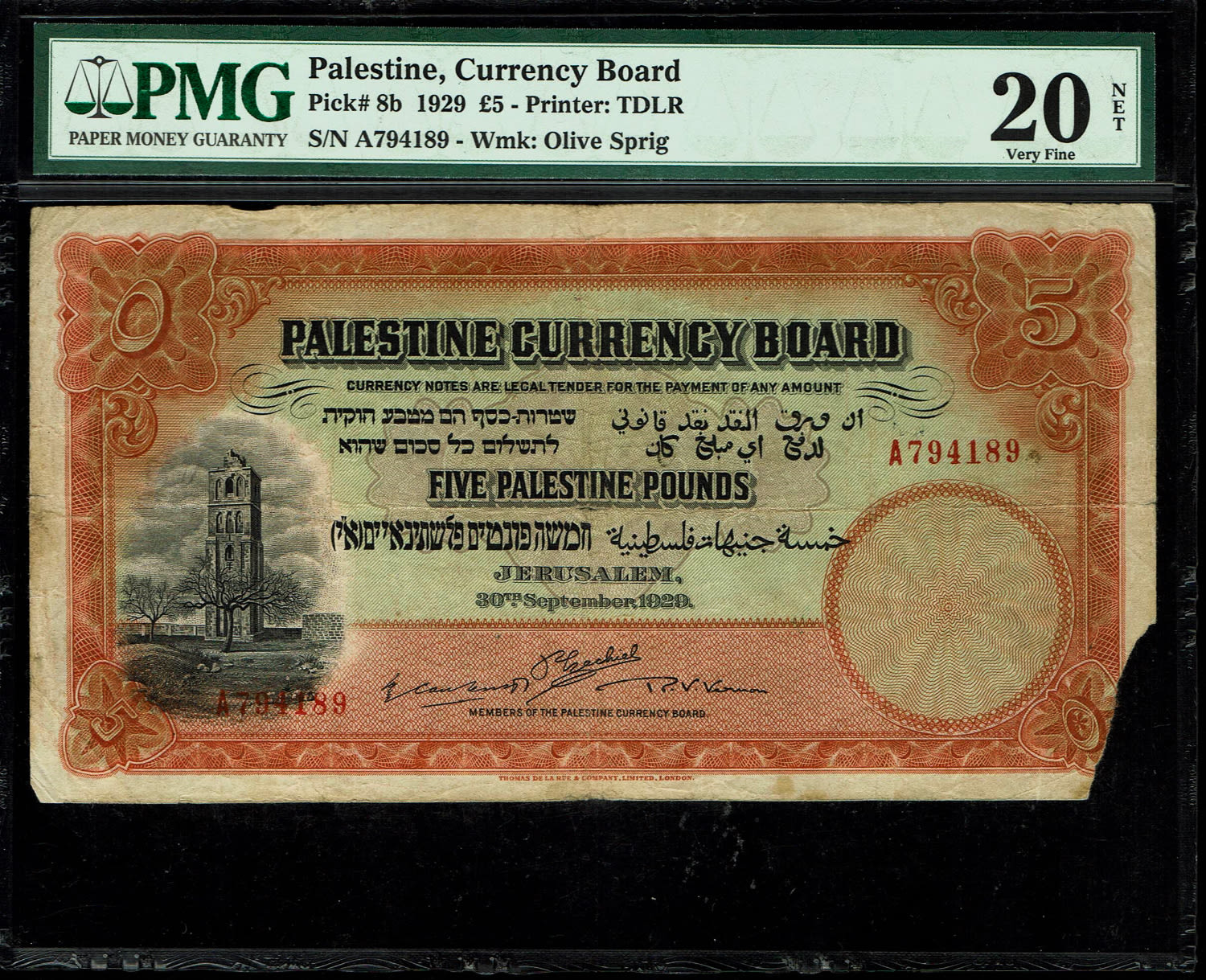 Palestine - 5 Pounds 1929 - PMG 20 NET - Prefix A
Banknote from 1929, a very difficult year to ... - 1 0