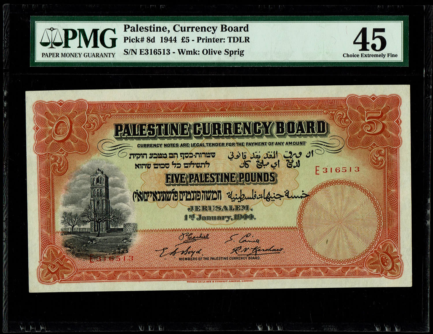 Palestine - 5 pounds 1944 - PMG 45 - Prefix E
Banknote from 1945, a beautiful banknote and in our ... - 1 0